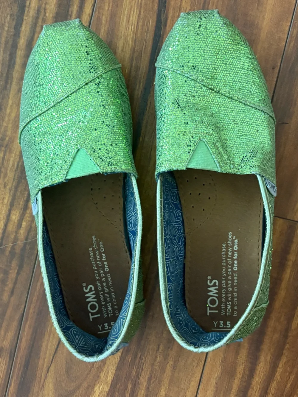 TOMS Kids Green Sparkle Slip-On Shoes Youth 3.5 Tinkerbell